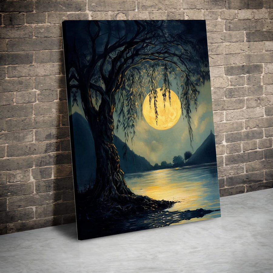 Weeping Willow Canvas Wall Art | Full Moon Landscape Print | Premium Gallery Wrap Decor | Nature Lover Gift for Home Office