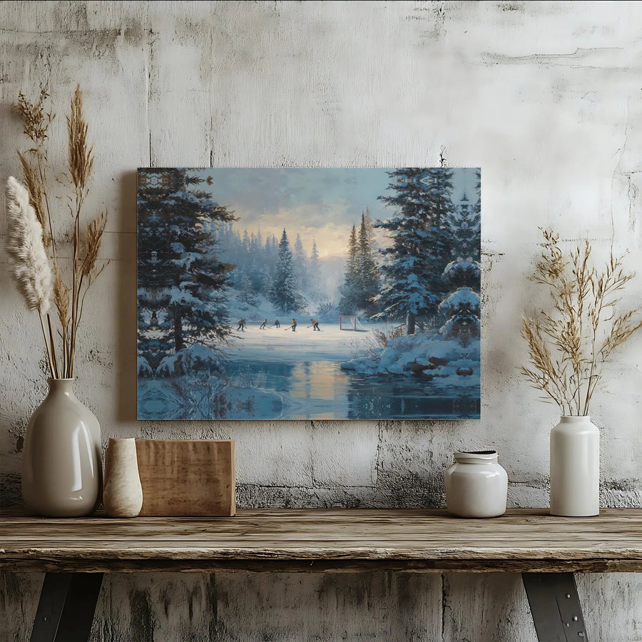 Pond Hockey Canvas Print | Frozen Lake Winter Landscape | Premium Gallery Wrap Wall Art | Sports Enthusiast Home Decor Gift