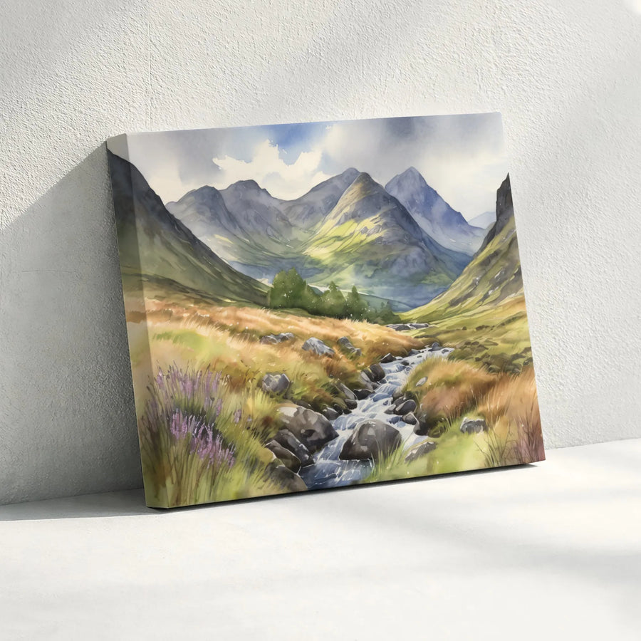 Scottish Highlands Landscape Wall Art | Watercolor Mountain River Scenic Print | Premium Gallery Wrapped Canvas | Nature Lover Home Decor Gift