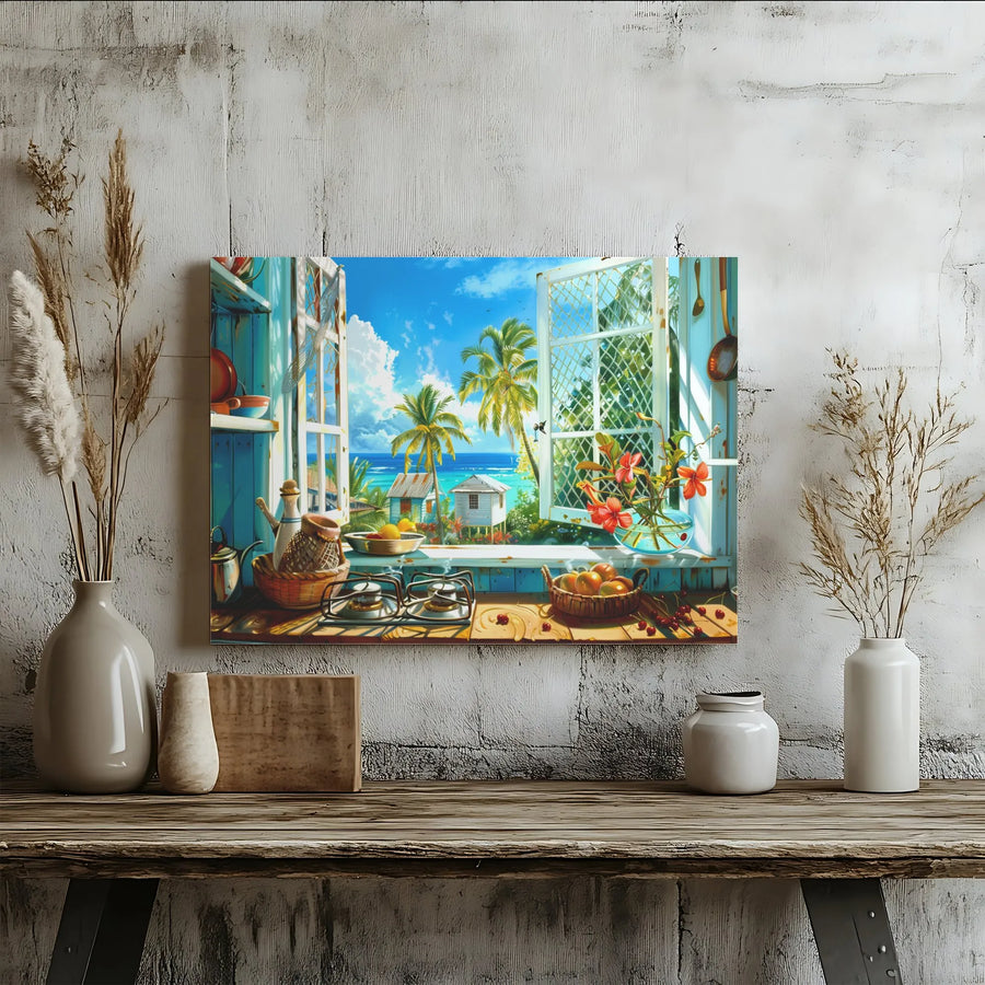 Tropical Beach Kitchen Canvas | Coastal Window View With Palm Trees | Premium Gallery-Wrapped Print | Island Home Decor Gift