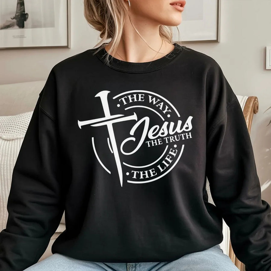 Jesus The Way The Truth The Life Sweatshirt | Christian Faith Cross Graphic Tee | Premium Cotton Blend | Religious Gift for Men and Women