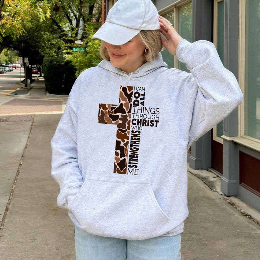 I Can Do All Things Through Christ Hoodie | Camo Cross Bible Verse Graphic | Premium Cotton Blend | Inspirational Christian Gift for Faith