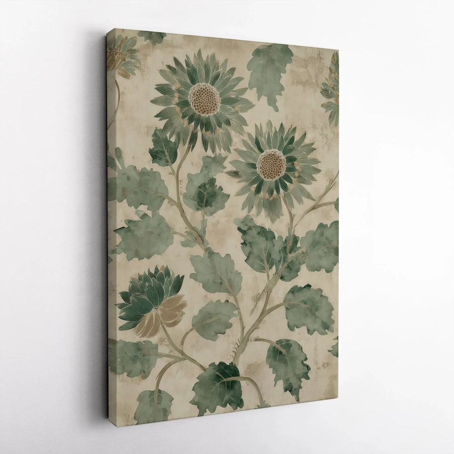 Vintage Green Sunflower Canvas Print | Vertical Botanical Floral Art | Premium Gallery Wrapped Canvas | Rustic Home Decor Gift