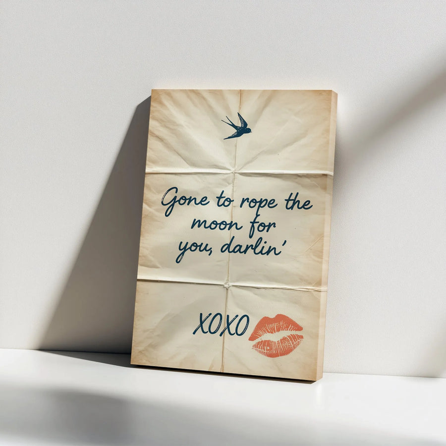 Romantic Quote Canvas Wall Art | Vintage 'Rope The Moon' Love Note Design | Premium Gallery Wrapped Print | Anniversary Gift for Her, Bedroom Decor