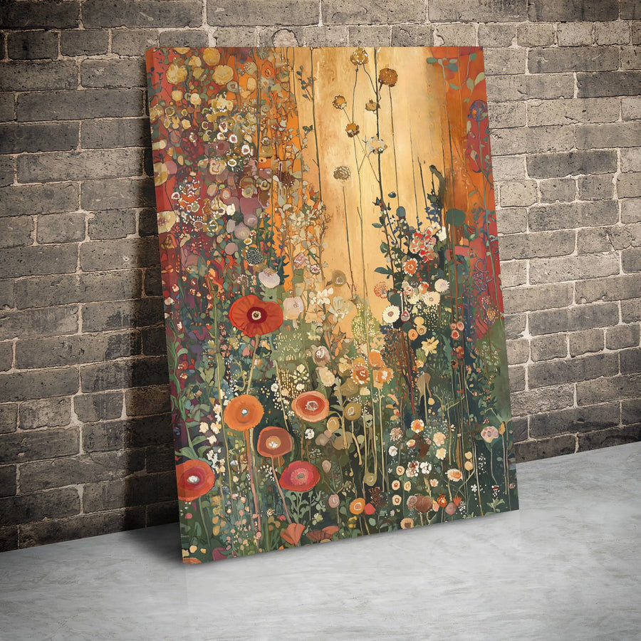 Abstract Wildflower Meadow Canvas | Warm Tones Floral Poppy Wall Art | Gallery Wrapped Premium Quality Print | Modern Home Decor Gift