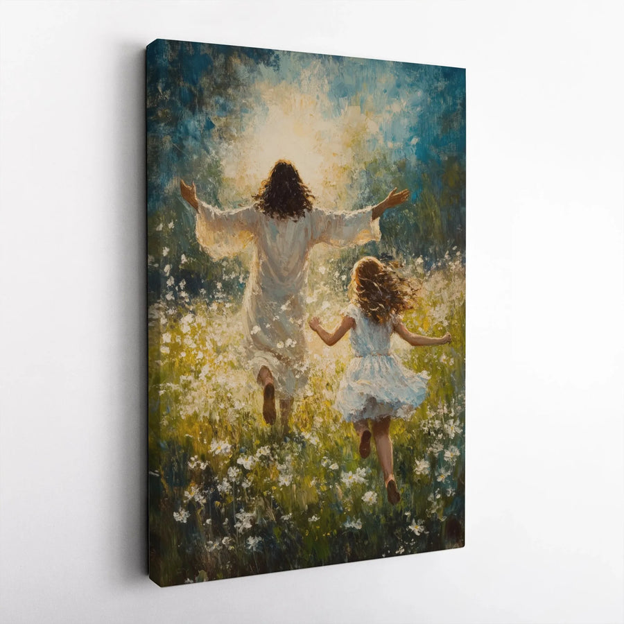 Jesus and Child Running in Field Canvas Wall Art | Impressionist Religious Painting | Gallery Wrapped Premium Print | Spiritual Home Decor Gift