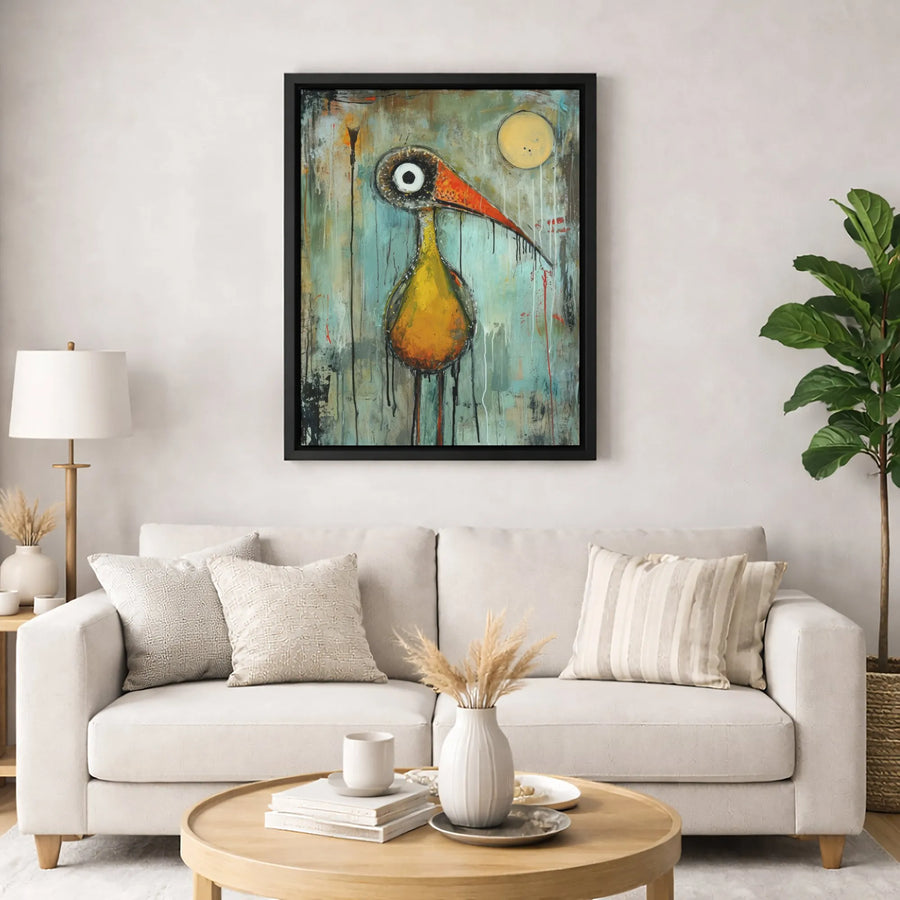 Abstract Bird Wall Art | Quirky Yellow Bird With Big Eye Painting | Premium Canvas Print | Unique Gallery-Quality Decor For Modern Home Or Office