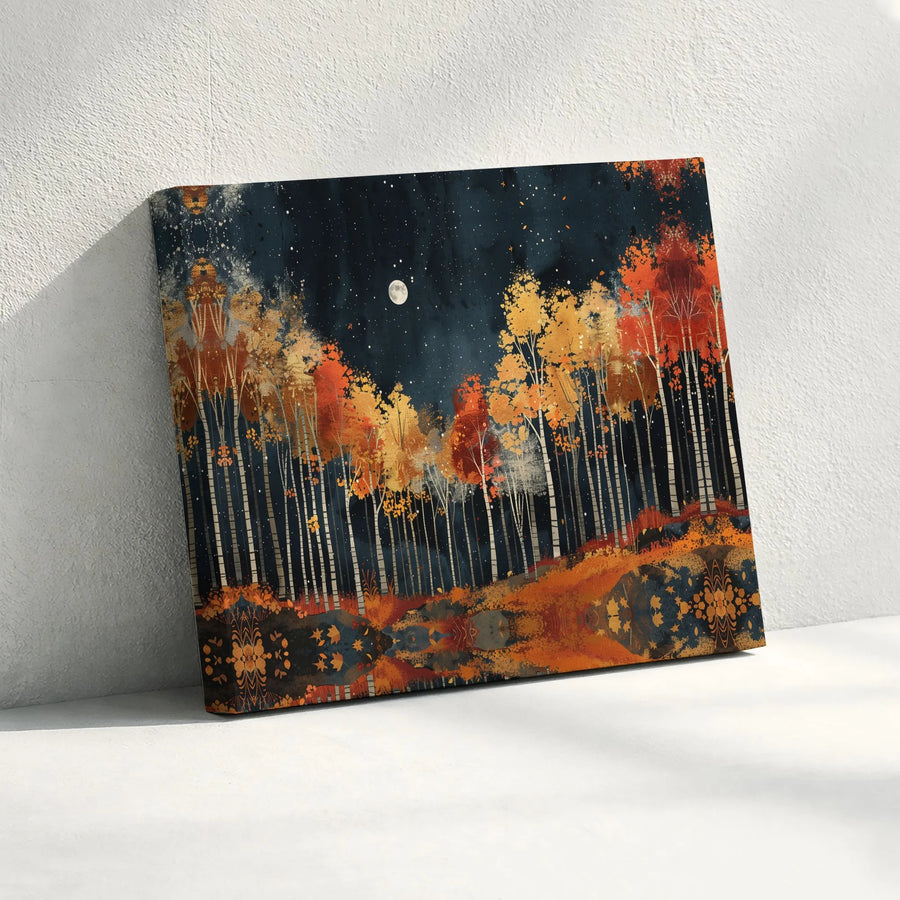 Autumn Forest Wall Art | Moonlit Birch Trees Landscape | Premium Gallery Wrapped Canvas | Moody Fall Nature Decor for Living Room