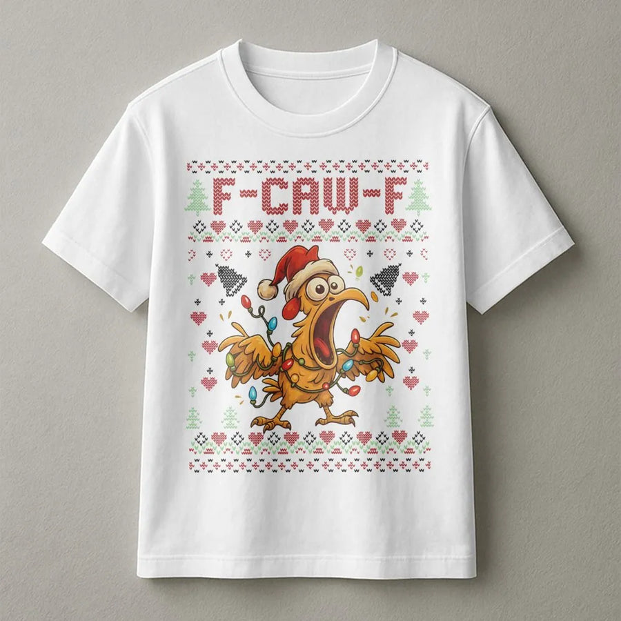 F-Caw-F Funny Ugly Christmas T-Shirt | Hilarious Chicken Holiday Graphic | Premium Soft Cotton Tee | Sarcastic Xmas Party Gift For Chicken Lovers