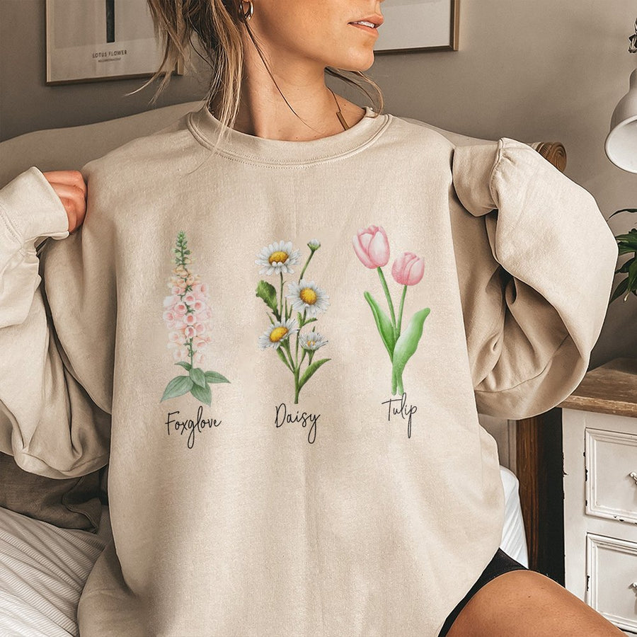 Botanical Flower Sweatshirt | Foxglove Daisy Tulip Illustration | Premium Cotton Blend Crewneck | Floral Nature Lover Gift For Her