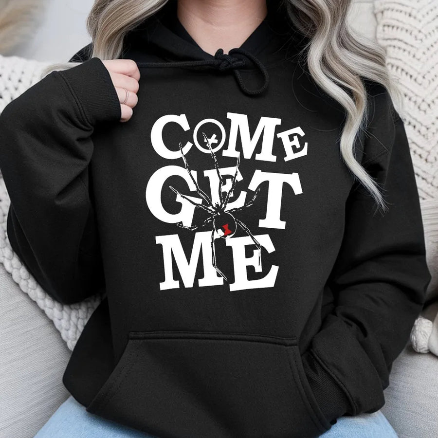 Black Widow Spider Graphic Hoodie | Come Get Me Streetwear Print | Premium Cotton Shirt | Unisex Gift for Bikers and Racers