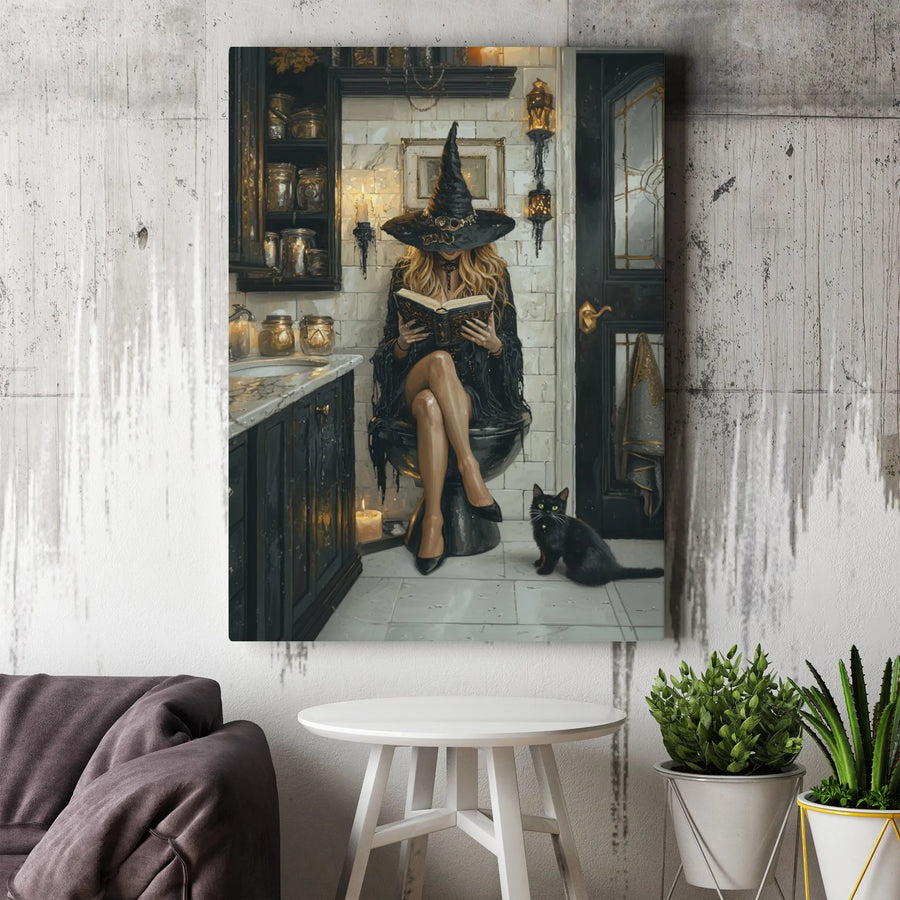 Witch Reading on Toilet Canvas Print | Funny Bathroom Wall Art with Black Cat | Premium Gallery Wrap Decor | Unique Witchy Home Gift for Her