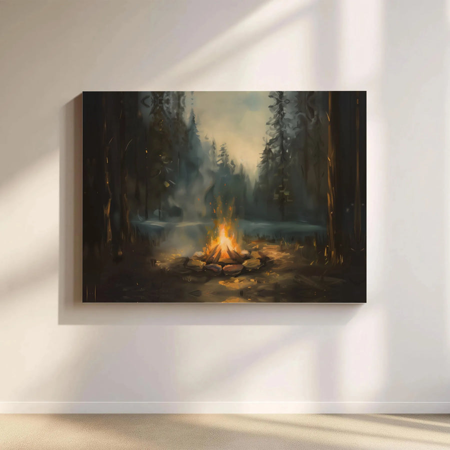 Forest Campfire Canvas Wall Art | Impressionist Night Wilderness Print | Premium Gallery Wrap Decor | Moody Cabin Aesthetic Gift