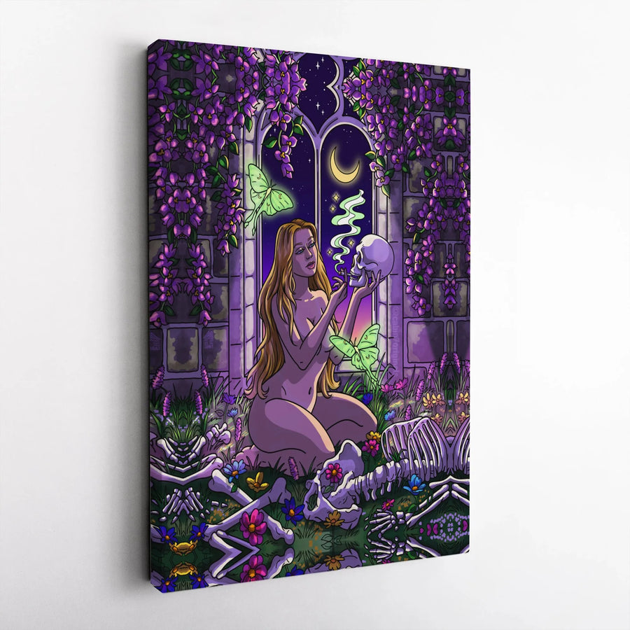Gothic Skull Canvas Print | Woman with Smoking Skull & Luna Moth Art | Premium Canvas Wall Decor | Dark Fantasy Gift for Goth Home Decor