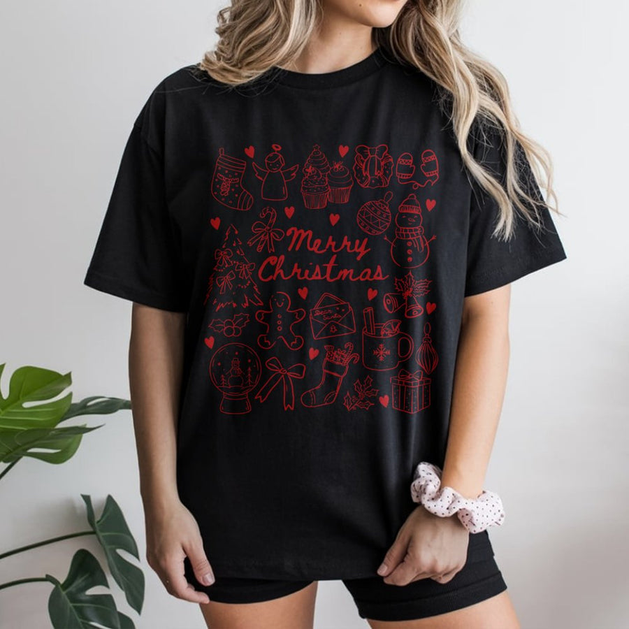 Merry Christmas Doodles T-Shirt | Festive Holiday Coquette Bow Graphic | Premium Soft Cotton Tee | Cute Christmas Gift For Women & Family