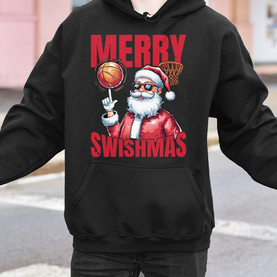 Merry Swishmas Basketball Hoodie | Santa Claus Playing Ball Graphic | Premium Cotton Blend | Funny Christmas Gift for Basketball Players