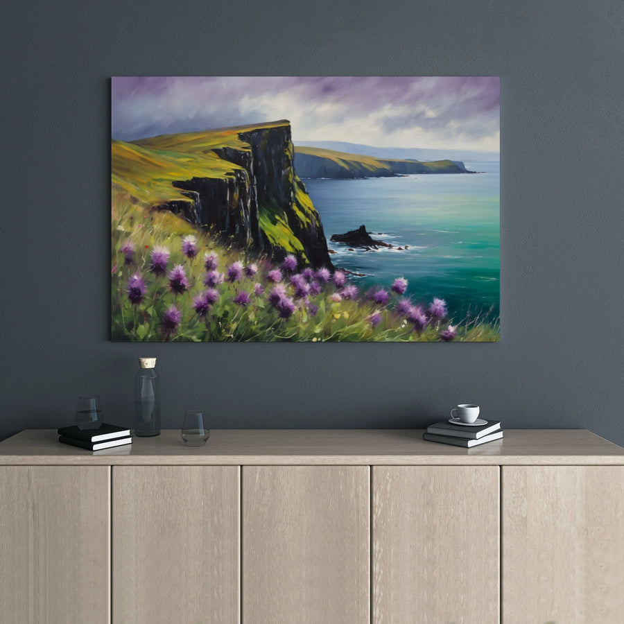 Coastal Cliffs Landscape Canvas Print | Purple Thistle Ocean View | Premium Gallery Wrapped Wall Art | Scenic Nature Decor For Living Room