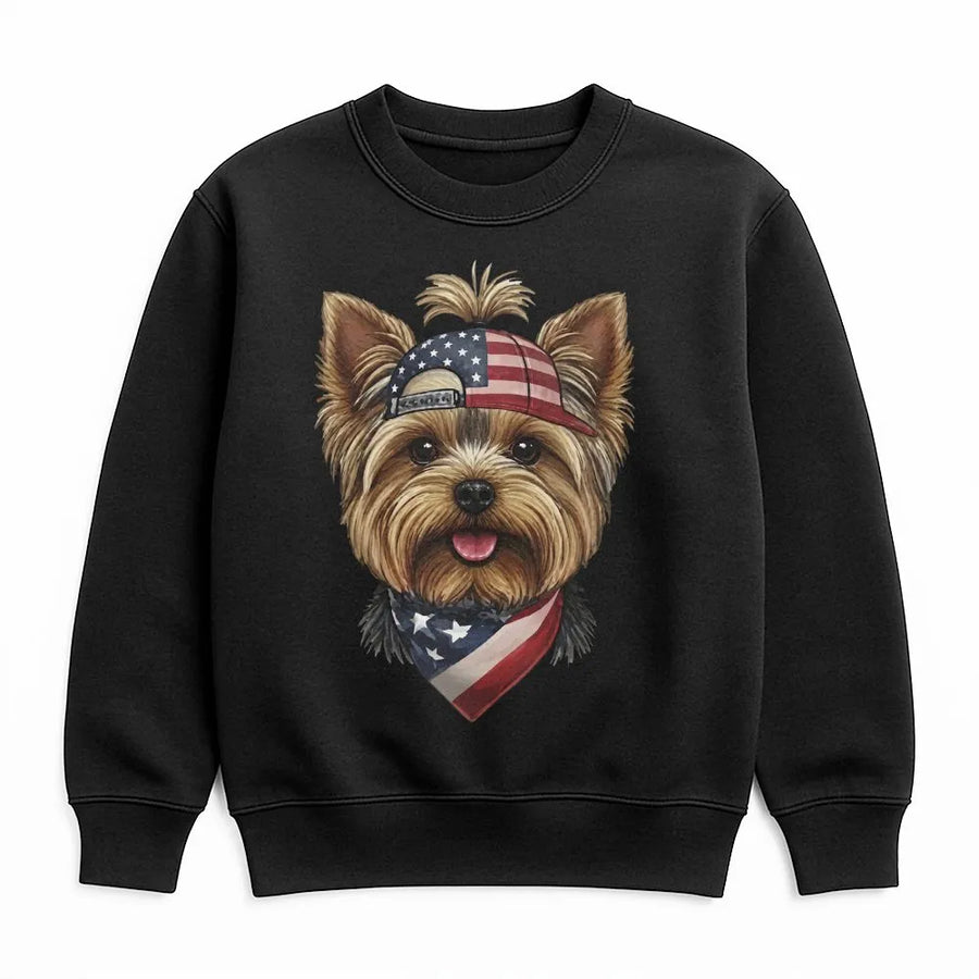 Patriotic Yorkie Sweatshirt | Cute Dog with USA Flag Bandana & Hat | Soft Cotton Blend | 4th of July Gift for Dog Lover