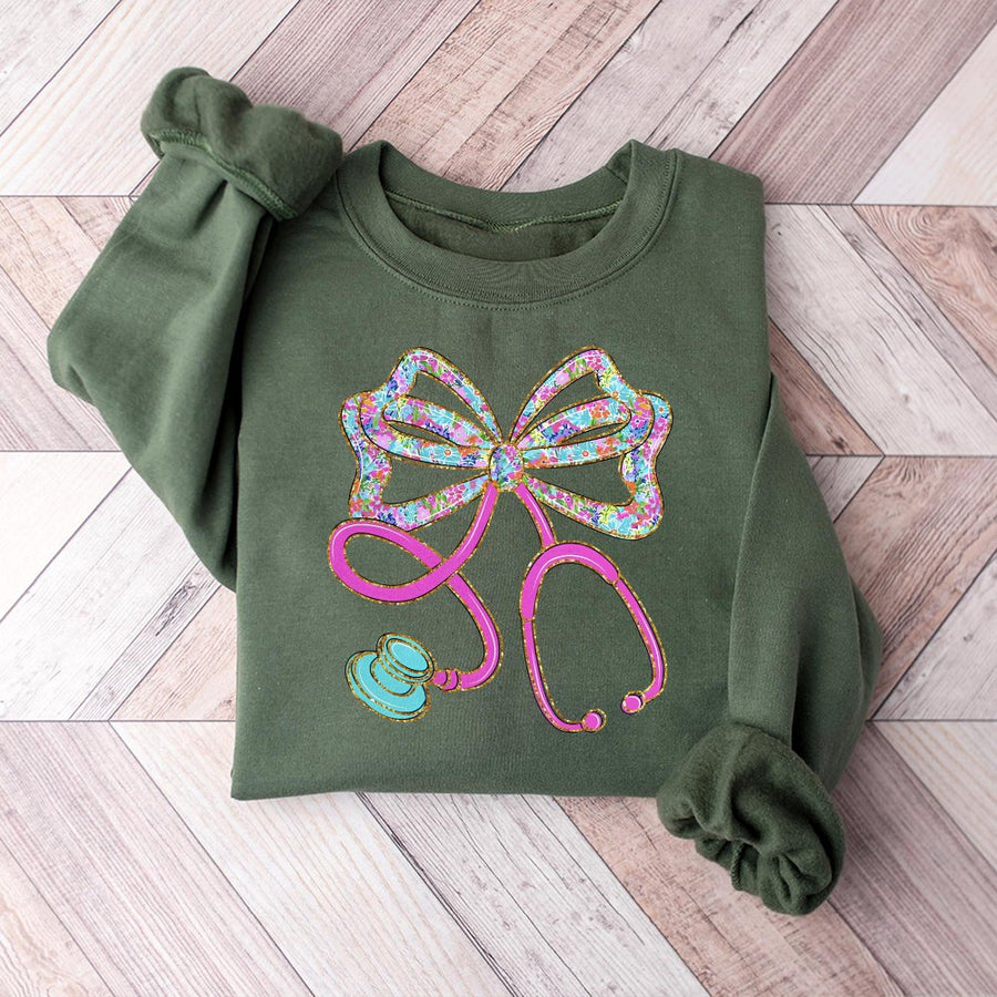 Floral Stethoscope Bow Sweatshirt | Preppy Nurse Graphic Print | Premium Cotton-Blend Fleece | Cute Gift for Nursing Students and RNs