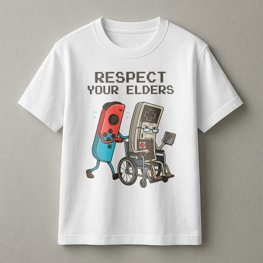Respect Your Elders Gamer T-Shirt | Retro Console Gaming Graphic Tee | 100% Premium Cotton | Funny Gift for Video Game Lovers and Retro Gamers