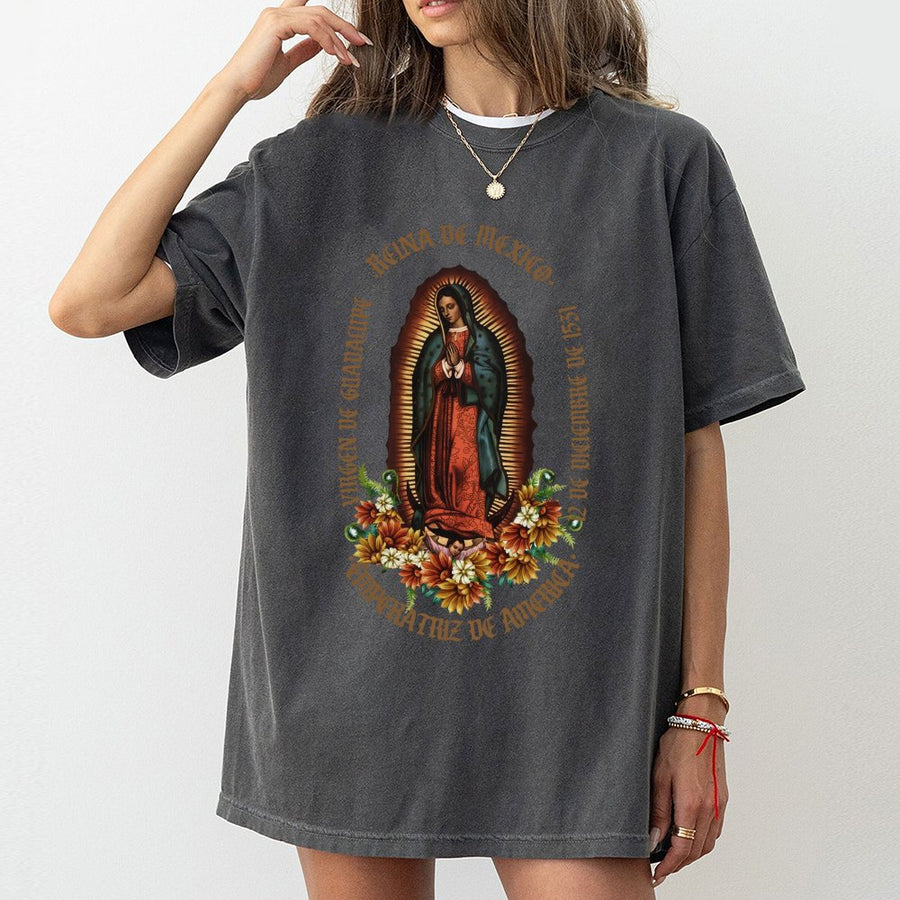 Virgen De Guadalupe T-Shirt | Traditional Religious Mexican Icon Floral Design | Premium Soft Cotton | Catholic Gift For Women And Men