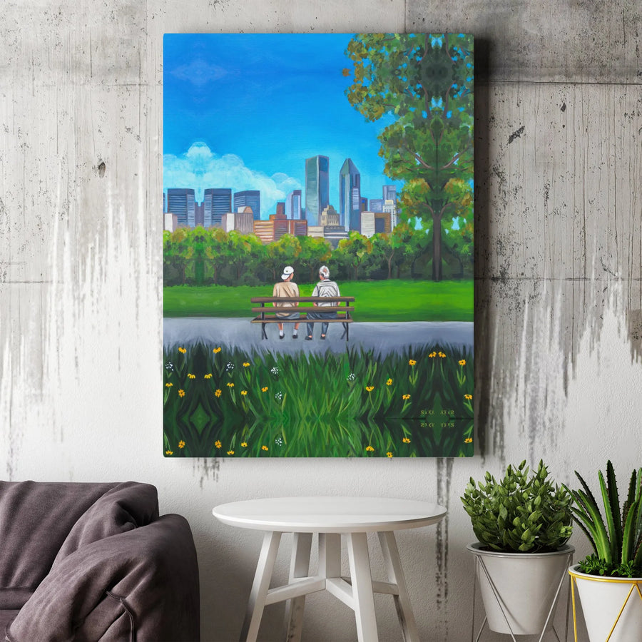 City Skyline Canvas Print | Elderly Couple Sitting on Park Bench | Premium Gallery Wrap Wall Art | Sentimental Gift for Anniversary or Parents
