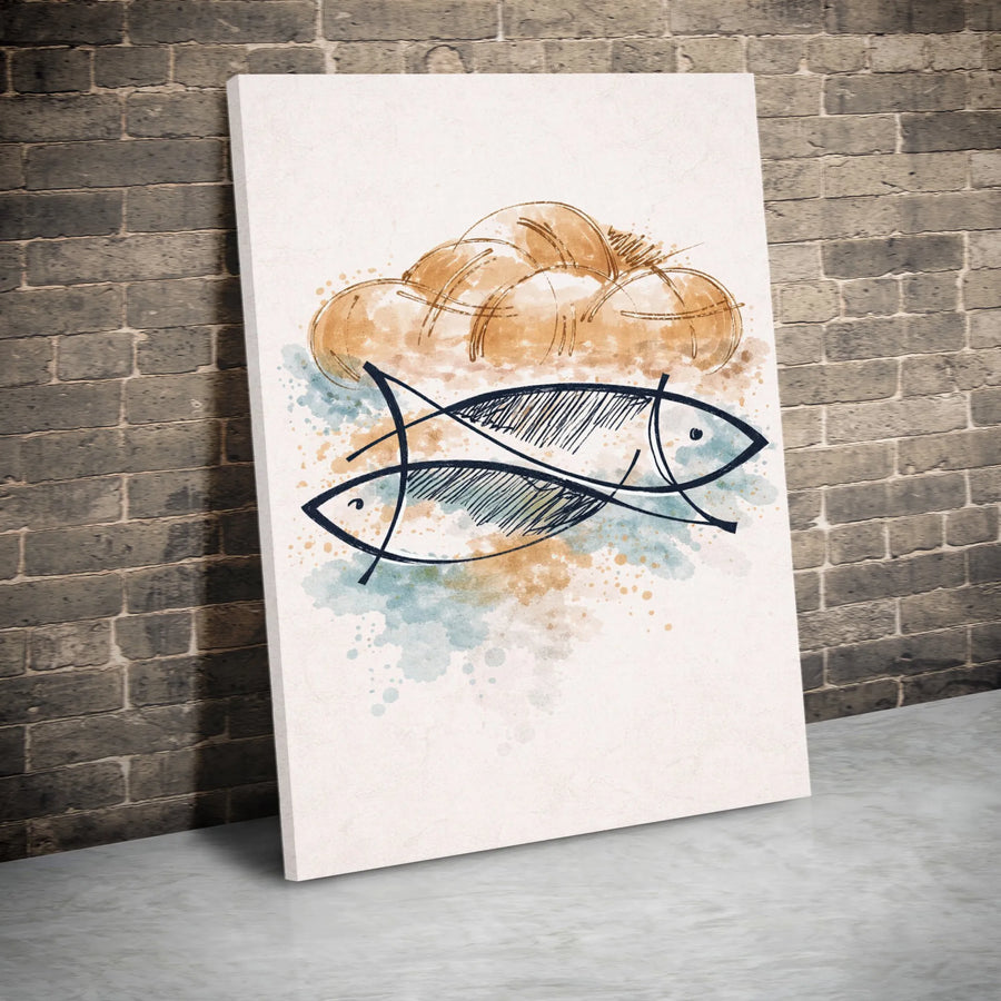 Loaves and Fishes Canvas Wall Art | Minimalist Watercolor Christian Art Print | Premium Thick Gallery Wrap Canvas | Faith Based Home Decor Gift