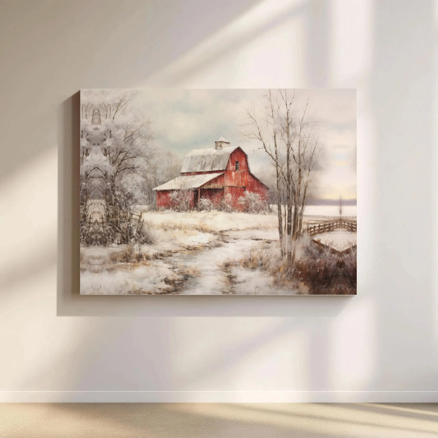 Rustic Red Barn Canvas Art | Snowy Countryside Winter Landscape | 1.25 Inch Gallery Wrap | Farmhouse Wall Decor for Home