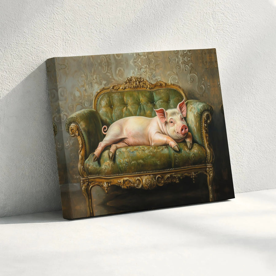 Regal Pig Painting Canvas Wall Art | Funny Lounging Pig on Vintage Sofa | Premium Matte Canvas Print | Unique Farmhouse Decor Gift for Animal Lover