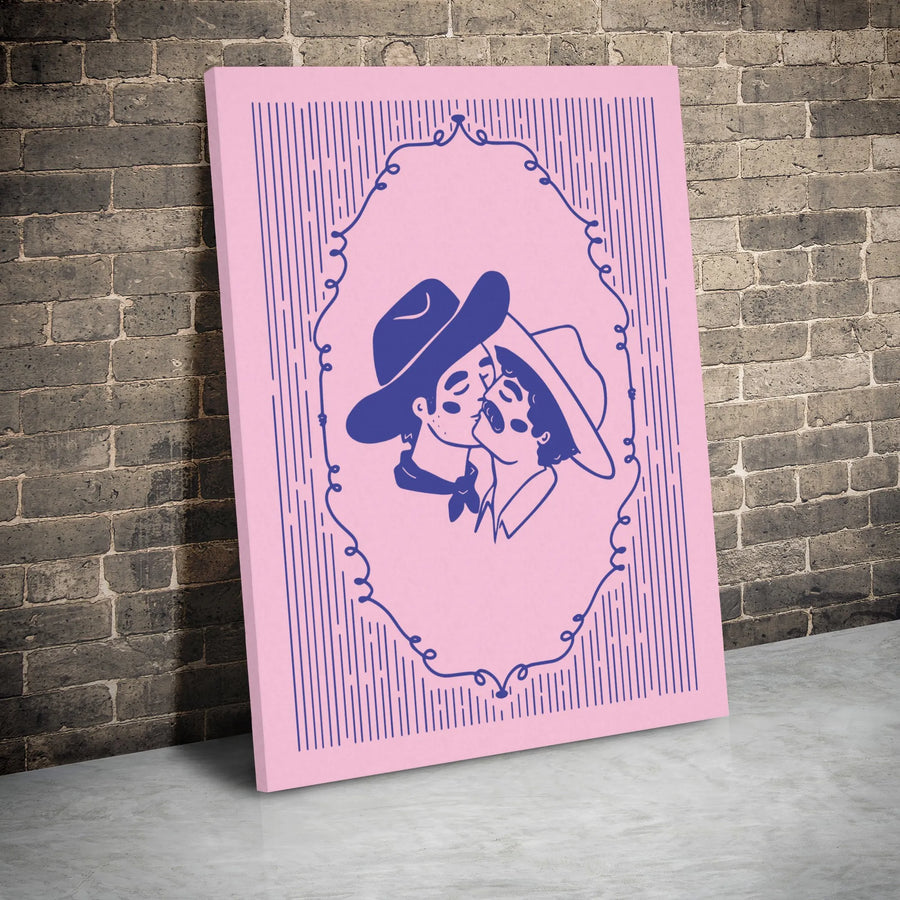 Kissing Cowboys Wall Art | Retro Pink Western Illustration | Premium Gallery Wrap Canvas | Romantic LGBTQ Pride Home Decor Gift