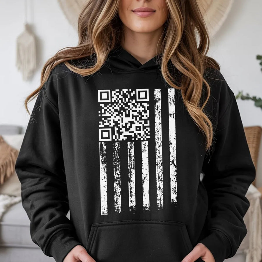 American Flag QR Code Hoodie | Distressed Patriotic USA Graphic | Premium Cotton Blend | Funny Gift for Him and Her