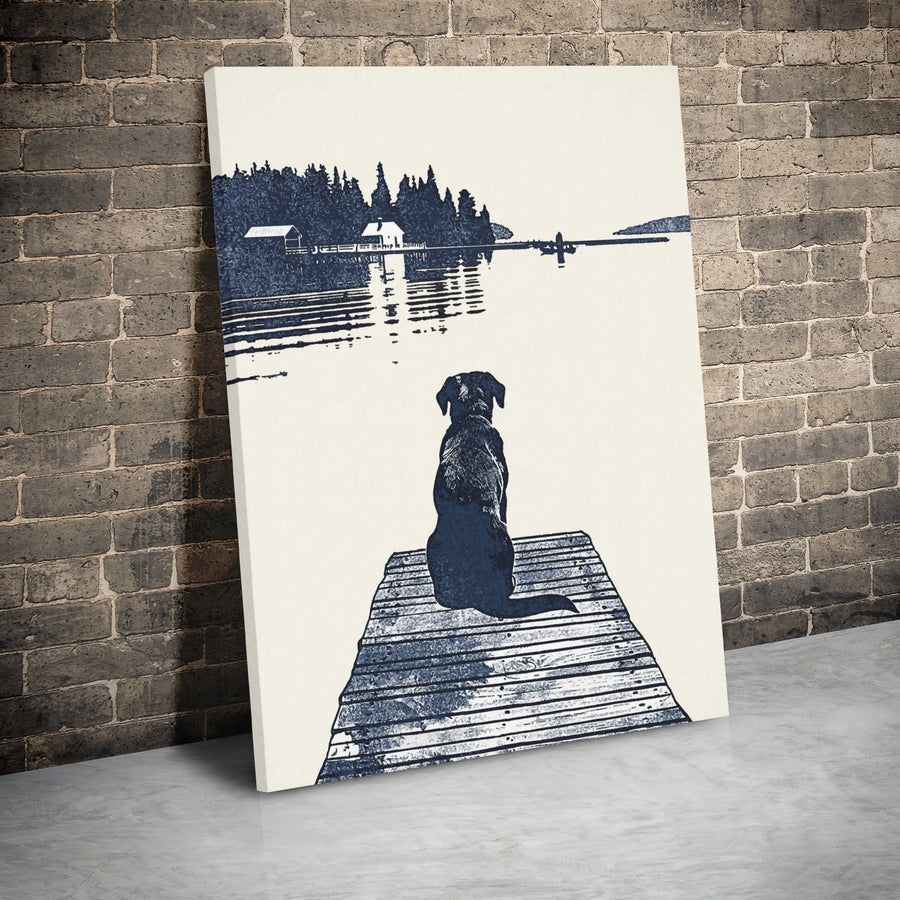 Black Labrador Dog Canvas Print | Lakeside Dock Wall Art | Gallery Wrapped Premium Canvas | Dog Lover Home Decor Gift