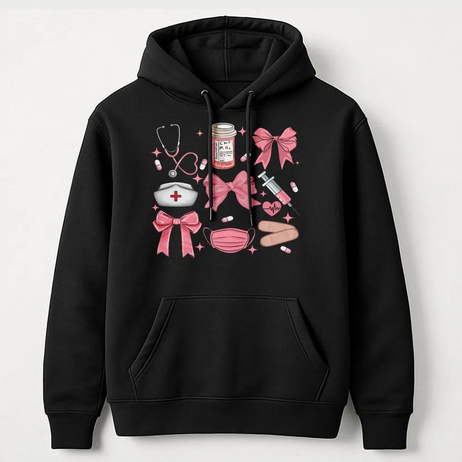 Coquette Nurse Hoodie | Aesthetic Pink Bow Medical Graphic | Premium Cotton Blend | Nursing Student Gift & Graduation Apparel