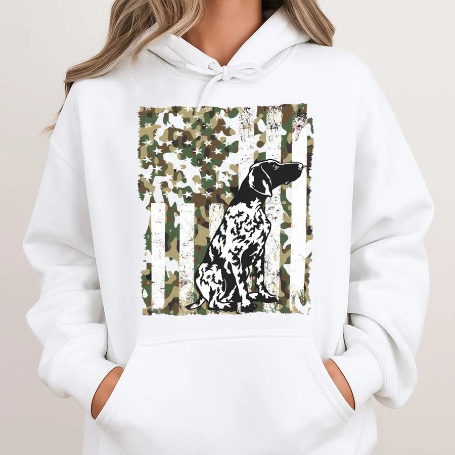 German Shorthaired Pointer Hoodie | Patriotic Camo American Flag Dog Art | Premium Cotton Blend Pullover | GSP Dog Dad Gift for Hunters