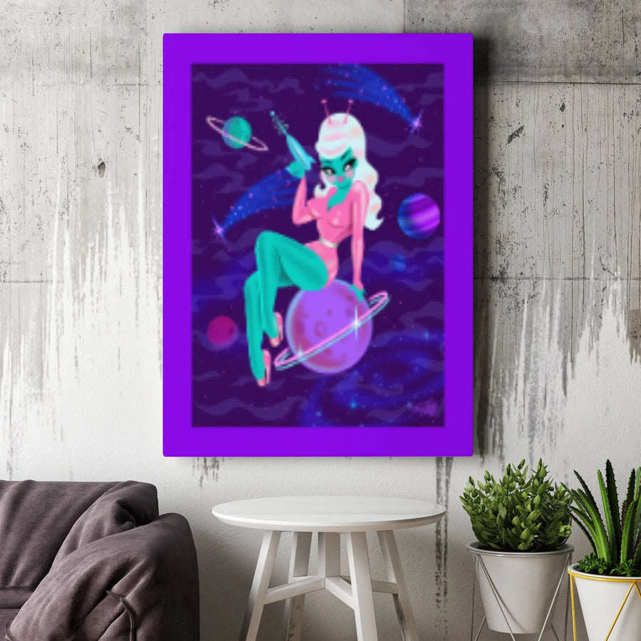 Retro Sci-Fi Pin-Up Alien Canvas | Galactic Space Girl with Ray Gun | Premium Gallery Wrapped Wall Art | Unique Gift for Space Lovers