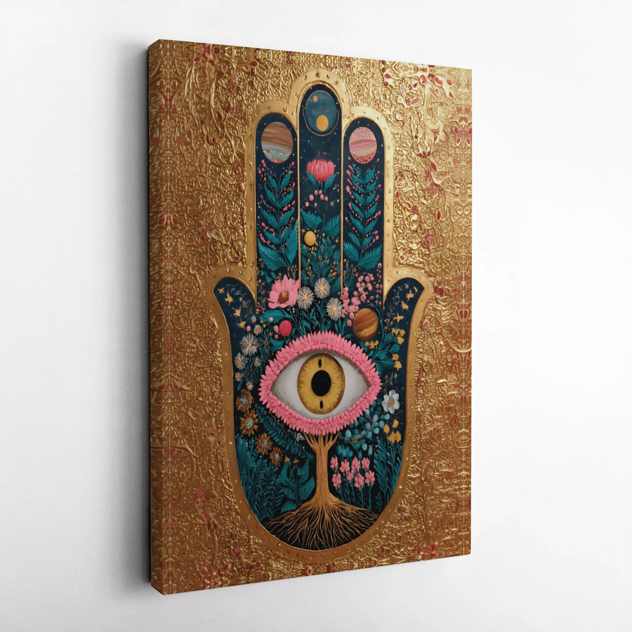 Hamsa Hand Wall Art | Ornate Gold Evil Eye Canvas Print | Premium Gallery Wrap Decor | Spiritual Tree of Life Gift for Home Office