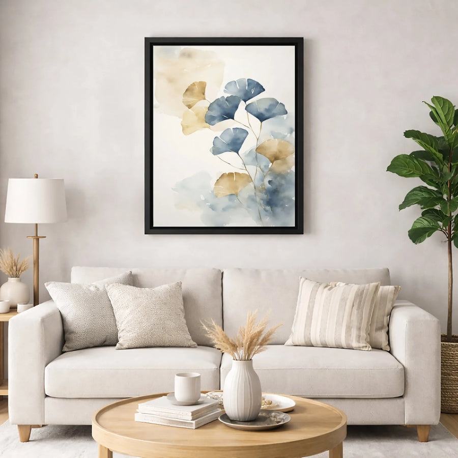 Ginkgo Leaf Wall Art | Watercolor Blue and Gold Botanical Canvas | Premium Gallery Wrapped Print | Modern Minimalist Home Decor