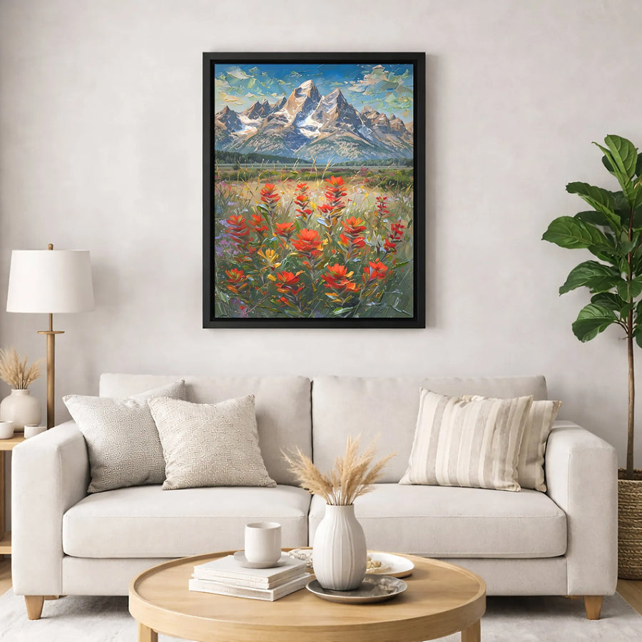 Grand Teton Mountain Canvas Art | Impasto Wildflower Meadow Print | Premium Gallery-Wrapped Wall Decor | Western Landscape Gift for Home Office