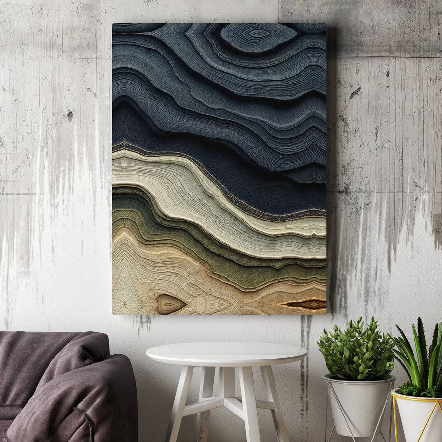 Abstract Agate Wall Art | Navy Blue and Gold Earth Tone Waves | Premium 1.25" Gallery Canvas | Modern Minimalist Home Decor Gift