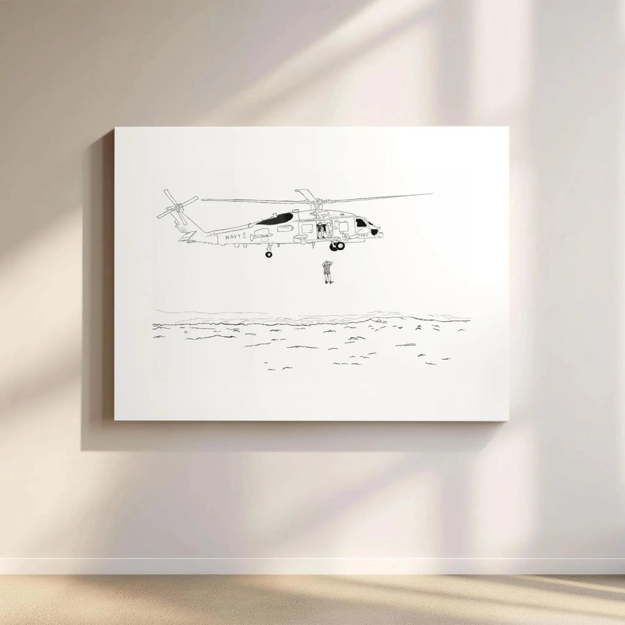 Navy Helicopter Search And Rescue Wall Art | Minimalist Line Drawing Print | Premium Gallery Wrapped Canvas | Military Decor Gift For Pilot