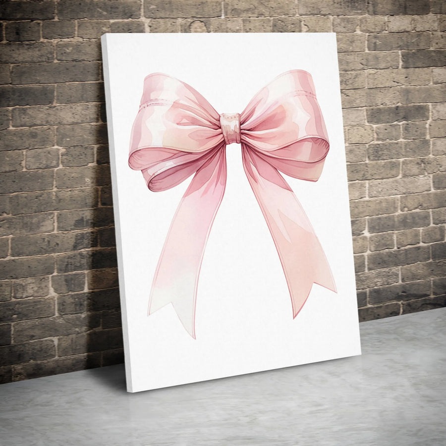 Pink Bow Canvas Wall Art | Watercolor Ribbon Print Decor | Premium Gallery Wrapped Canvas | Gift for Baby Girl Nursery