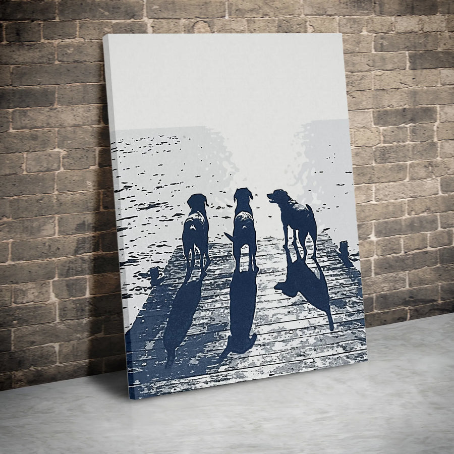 Three Dogs On Dock Wall Art | Silhouette Lake View Canvas Print | Premium Gallery-Wrapped Decor | Dog Lover Gift for Home Office