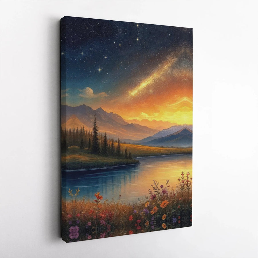 Mountain River Landscape Canvas Art | Starry Sunset Wildflower Meadow Print | Premium Gallery-Wrapped Wall Decor | Nature Lover Gift