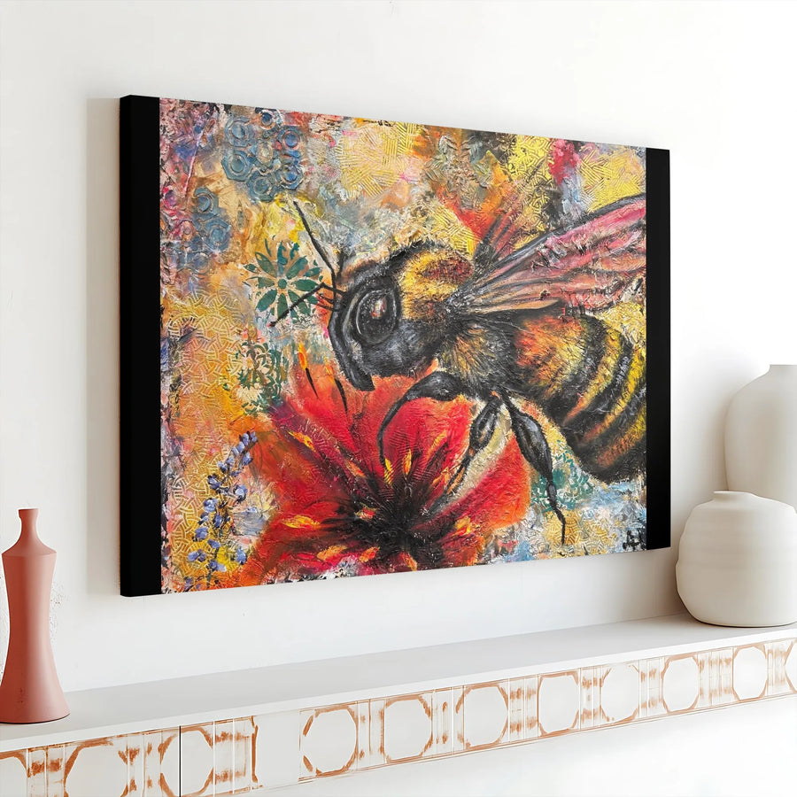 Bumblebee On Red Flower Canvas Print | Vibrant Textured Floral Wall Art | Premium 1.25-Inch Gallery Wrap | Nature-Inspired Home Decor Gift