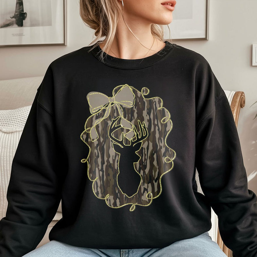 Deer Camo Bow Sweatshirt | Preppy Coquette Aesthetic Graphic | Soft Cotton Blend | Fall Hunting Gift for Her