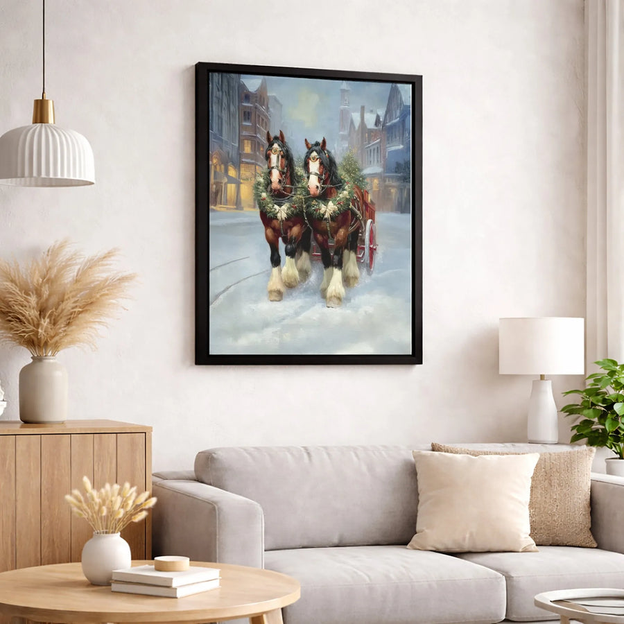 Christmas Horse Carriage Canvas Wall Art | Snowy Town Winter Scene | Premium Gallery Wrap Print | Festive Holiday Decor For Farmhouse Home