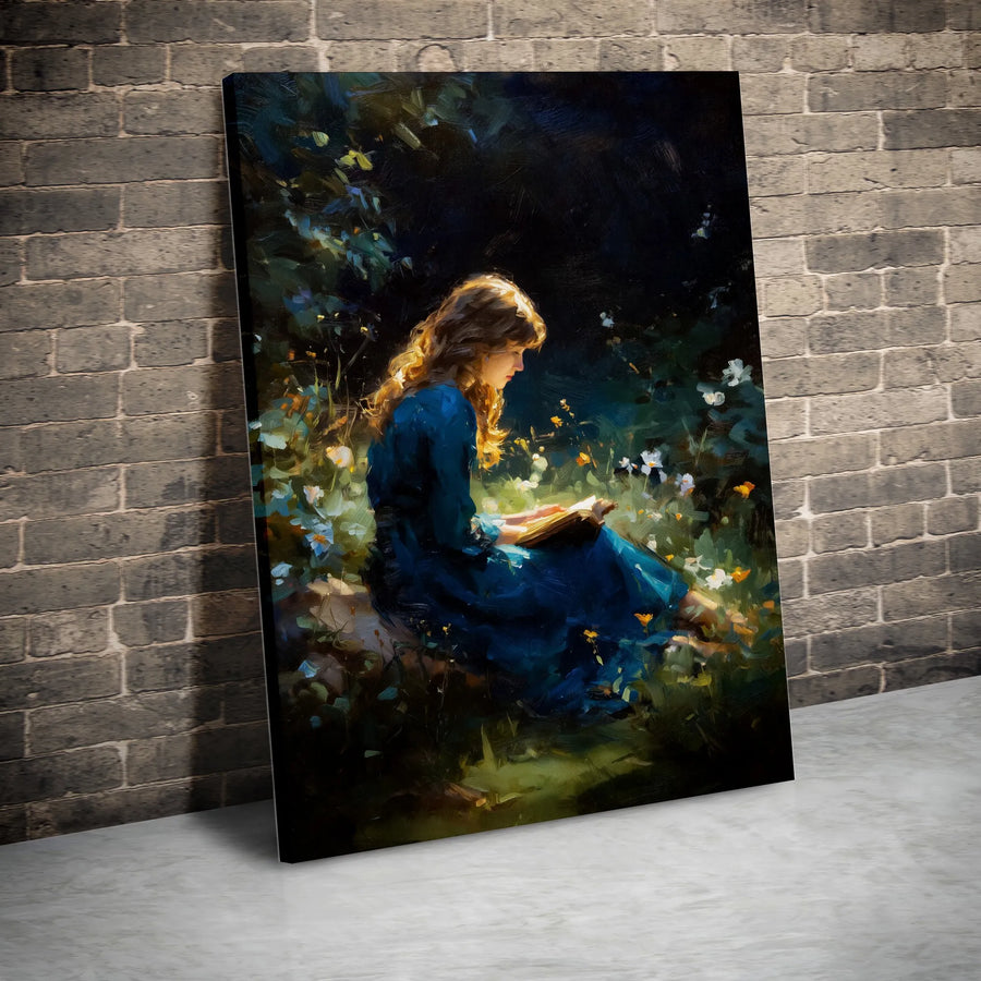 Woman Reading in Garden Vertical Canvas | Vintage Oil Painting Style Art | Premium Thick Gallery Wrap | Book Lover Gift for Reading Nook
