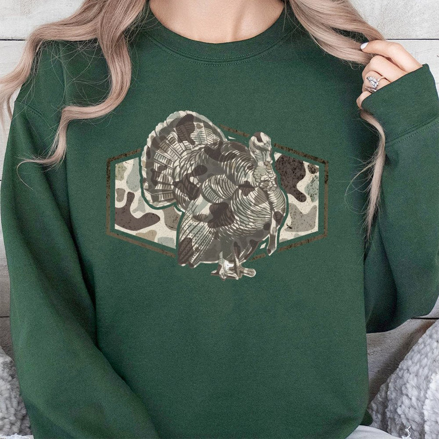 Turkey Hunting Camo Sweatshirt | Vintage Camouflage Graphic Design | Premium Cotton-Poly Blend | Wildlife Lover Gift