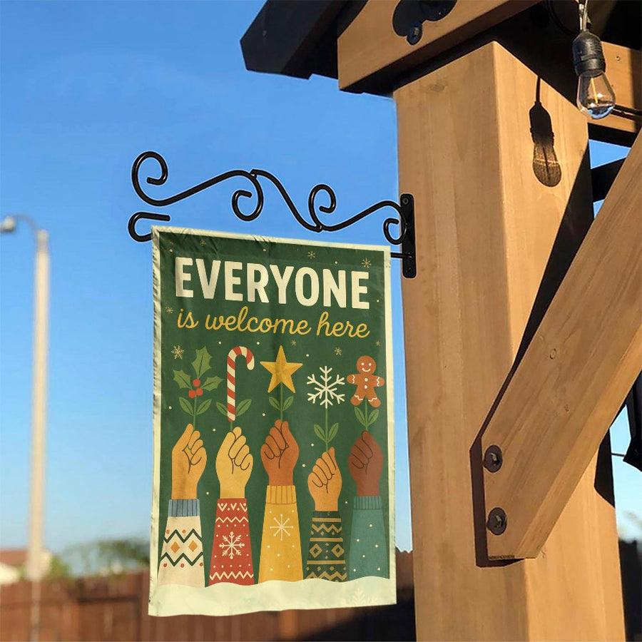 Everyone Is Welcome Here Garden Flag | Inclusive Christmas Diversity Yard Decor | Weather-Resistant Premium Polyester | Holiday Garden Gift