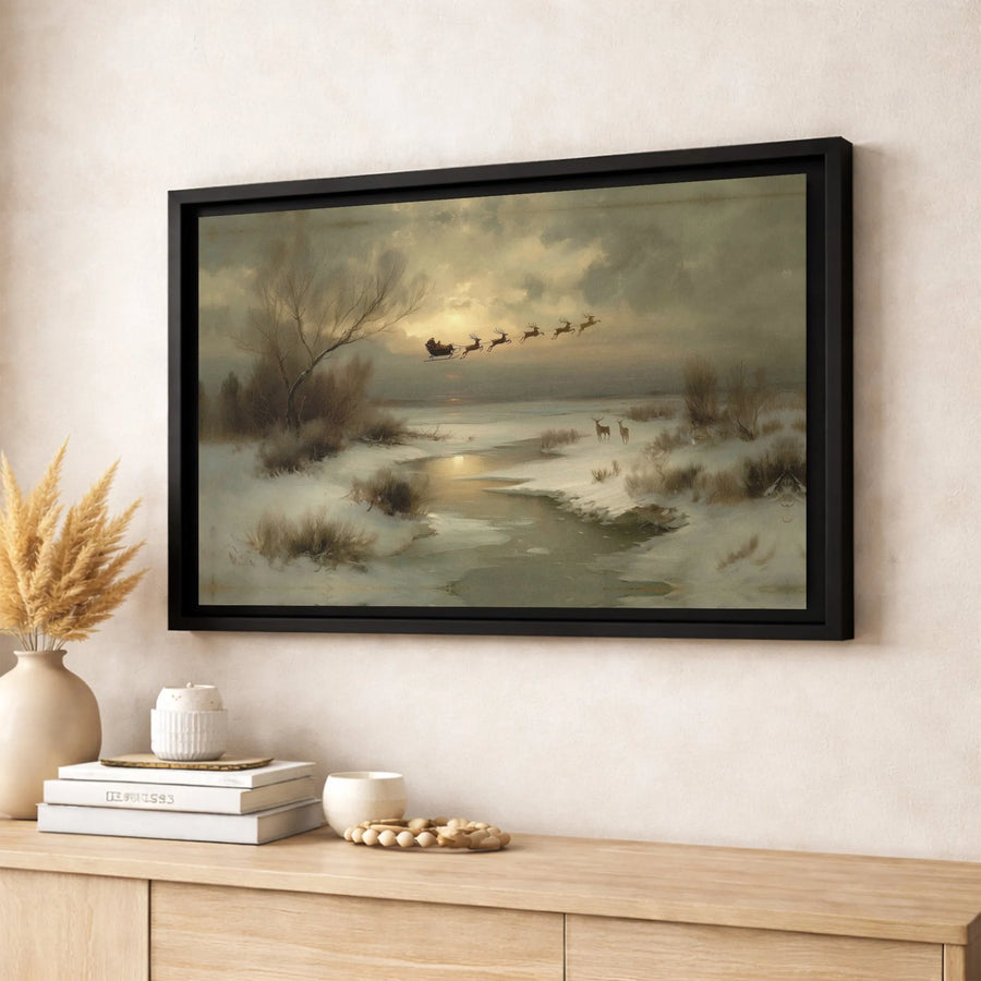 Vintage Santa Sleigh Canvas Wall Art | Snowy Winter Landscape Print | Gallery Wrapped Premium Canvas | Christmas Home Decor Gift for Holidays
